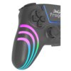 Czarny kontroler z kolorowymi, podświetlanymi paskami w odcieniach różu, fioletu i niebieskiego na uchwycie. Na powierzchni widoczne są przyciski kierunkowe oraz logo "froggie" z symbolem pada.