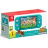 Opakowanie konsoli Nintendo Switch Lite w kolorze turkusowym z grafiką z gry "Animal Crossing: New Horizons" na ekranie, zawiera oznaczenia wiekowe PEGI 3 i USK 6 oraz logo Nintendo Switch. Na pudełku widnieje napis "Nintendo Switch Lite + Animal Crossing