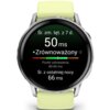 Zegarek sportowy z okrągłym wyświetlaczem pokazuje dane dotyczące zmienności tętna: "Śr. zm. tęt. z 7 d. 50 ms", "Zrównoważony", "Punkt odniesienia 40-60 ms", "Śr. z ostatniej nocy 66 ms". Pasek zegarka jest w kolorze cytrynowym.