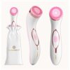 Na zdjęciu widoczna jest różowa szczoteczka soniczna do mycia twarzy LUMINEO 8688 Pro, przedstawiona w trzech ujęciach: w etui, z boku oraz z przodu. Na etui i szczoteczce znajduje się logo "LUMINEO".