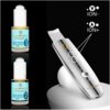 Na zdjęciu znajduje się urządzenie do peelingu kawitacyjnego LUMINEO M22 5w1 oraz dwa flakoniki z napisami: "LUMINEO PROFESSIONAL LINE MESO-SERUM MOISTURIZING ION- 1" i "LUMINEO PROFESSIONAL LINE MESO-SERUM MOISTURIZING ION+ 2". Obok urządzenia widoczne s
