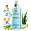Butelka z atomizerem zawiera na etykiecie tekst: "LUMINEO PROFESSIONAL LINE MOISTURIZING FACIAL TONER FOR ALL SKIN TYPES IDEAL FOR USE WITH ULTRASONIC SKIN SCRUBBERS 400 ml". W tle widoczne są elementy graficzne przedstawiające krople wody, plasterki ogór