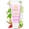 Różowa tubka z napisem "LUMINEO PROFESSIONAL LINE SUPREME CLEANSER FOR BLEMISH PRONE SKIN IDEAL FOR USE WITH FACIAL CLEANSING BRUSHES 100 ml" otoczona jest ilustracjami roślin, ogórka, kropli wody i olejku. Na tubce widoczne jest złote logo w kształcie ok