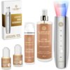 Na zdjęciu znajduje się zestaw kosmetyków i urządzenie do peelingu kawitacyjnego marki LUMINEO, w skład którego wchodzą: Lifting Facial Toner, Lifting Booster, dwa Meso-Serum oraz urządzenie z kolorowym światłem LED. Opakowanie urządzenia zawiera napisy: 