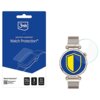 Opakowanie produktu "3mk premium protection Watch Protection" w kolorze niebieskim z białymi napisami, obok znajduje się zegarek z nałożonym szkłem ochronnym. Na opakowaniu widnieje napis "Watch Protection™", "FULL SCREEN protection", "3 pcs.", "0.2 mm thickness".
