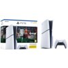 Pudełko konsoli PlayStation 5 Slim z grafiką przedstawiającą dwóch piłkarzy na stadionie oraz logo "FC26". Obok znajduje się biała konsola z czarnymi detalami i kontrolerem.