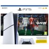 Biało-czarna konsola z kontrolerem na tle okładki gry z dwoma piłkarzami w strojach sportowych, otoczonymi przez kibiców na stadionie. Widoczne logo "SONY", "PS5", "EA SPORTS FC26", oznaczenia "1 TB/TБ", "4K 120 HDR", "HYPERMOTION V", oraz symbol PEGI 3.