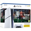 Pudełko z konsolą PlayStation 5 Slim zawiera grafikę z piłkarzami na tle stadionu oraz logo "EA Sports FC26". Widoczne są oznaczenia: "1TB", "4K 120 HDR", "HYPERMOTION V", "3" oraz logo Sony i PlayStation.