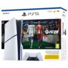 Pudełko konsoli PlayStation 5 Slim z grą FC26 przedstawia grafikę dwóch piłkarzy na stadionie, z logo "EA Sports FC26" oraz oznaczeniami "1 TB/T6", "4K 120", "HDR" i "3" w zielonym kwadracie. Widoczne są także logo "Sony" i "PS5", a na dole znajduje się kontroler konsoli.
