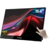 Monitor z wyświetlaczem o przekątnej 15.6 cala, na którym widoczna jest kolorowa grafika. Na ekranie znajdują się napisy: "15.6”", "FULL HD 1080p", a na ramce logo "verbatim".