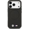 Czarne etui na telefon z trzema wycięciami na aparaty, posiada okrągły wzór sugerujący funkcję MagSafe. Na dole widoczne są dwa logotypy: okrągłe logo BMW oraz logo z literą "M" w kolorach niebieskim, fioletowym i czerwonym.