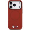 Czerwone etui na telefon z trzema wycięciami na aparaty, posiada okrągły wzór MagSafe oraz dwa logotypy: okrągły z napisem "BMW" i kolorowy z literą "M".