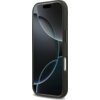 Czarne etui na telefon z widocznym przyciskiem bocznym i wycięciem na aparat, z eleganckim, minimalistycznym designem. Na ekranie telefonu widoczny jest abstrakcyjny wzór z ciemnymi okręgami.