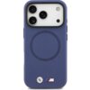 Granatowe etui na telefon z trzema wycięciami na aparaty, posiada okrągły wzór sugerujący funkcję MagSafe. Na dole widoczne są dwa logotypy: okrągłe logo BMW oraz logo z literą "M" w kolorach niebieskim, fioletowym i czerwonym.