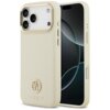 Beżowe etui na telefon z trzema wycięciami na aparaty, ozdobione złotym logo i napisem "GUESS" na dole. Etui ma teksturowaną powierzchnię i jest przeznaczone do modelu iPhone 17 Pro Max.