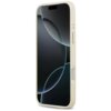 Beżowe etui na telefon z widocznymi przyciskami bocznymi, przeznaczone dla modelu Apple iPhone 17 Pro Max. Na ekranie telefonu widoczny jest abstrakcyjny wzór z ciemnymi i jasnymi okręgami.