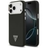 Czarne etui na telefon z teksturą, z widocznym trójkątnym logo "GUESS USA" na dole. Obok etui znajduje się telefon z wyświetlaczem pokazującym abstrakcyjny wzór.
