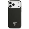 Czarne etui na telefon z teksturą, posiadające wycięcia na trzy obiektywy aparatu i lampę błyskową, z widocznym trójkątnym logo "GUESS U.S.A." na dole.