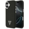 Czarne etui na telefon z teksturą, posiadające wycięcia na przyciski i aparat, z widocznym trójkątnym logo "GUESS U.S.A." na dole. Obok etui znajduje się telefon z wyświetlaczem pokazującym abstrakcyjny wzór.