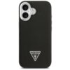 Czarne etui na telefon z teksturą przypominającą ziarnistą skórę, z wycięciem na aparat w górnej części. Na dole znajduje się trójkątne logo z napisem "GUESS U.S.A." oraz znakiem zapytania.