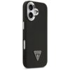 Czarne etui na telefon z teksturą, posiadające wycięcia na aparat i przyciski, z trójkątnym logo "GUESS U.S.A." na dole. Etui jest przeznaczone do modelu Apple iPhone 17 i obsługuje funkcję MagSafe.
