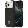 Czarne etui na telefon z teksturą, ozdobione trójkątnym logo z napisem "GUESS USA" i znakiem zapytania. Etui jest przystosowane do systemu MagSafe i przeznaczone dla modelu Apple iPhone 17 Pro Max.