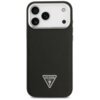 Czarne etui na telefon z teksturą, posiadające wycięcia na trzy obiektywy aparatu oraz logo w kształcie trójkąta z napisem "GUESS U.S.A." i znakiem zapytania. Etui jest przeznaczone do urządzeń z funkcją MagSafe.