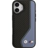 Etui do telefonu z czarnym wzorem przypominającym włókno węglowe oraz niebieskim panelem, na którym znajduje się logo BMW i kolorowe logo M.