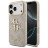Różowo-złote etui na telefon z widocznym logo "GUESS" oraz ozdobnym wzorem 4G, zaprojektowane dla modelu Apple iPhone. Etui ma wycięcia na aparat i przyciski, a jego powierzchnia jest teksturowana z metalicznymi akcentami.