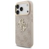 Różowo-złote etui na telefon z wyraźnym wzorem 4G i dużym logo GUESS na tylnej części. Etui posiada wycięcia na aparat i przyciski boczne.