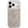 Etui na telefon w kolorze różowo-złotym z widocznym wzorem 4G i dużym logo GUESS na dole. Na górze etui znajdują się wycięcia na trzy obiektywy aparatu i lampę błyskową.