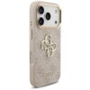 Różowo-złote etui na telefon z widocznym logo "GUESS" oraz dużym, ozdobnym wzorem 4G na tylnej części. Etui ma wycięcia na aparat i przyciski, a jego powierzchnia jest pokryta teksturowanym wzorem.