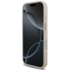 Różowo-złote etui na telefon z widocznymi przyciskami bocznymi, dopasowane do modelu iPhone 17 Pro. Na ekranie telefonu widoczny jest abstrakcyjny wzór z ciemnymi i jasnymi okręgami.
