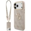 Etui na telefon w kolorze różowym z wzorem 4G i dużym logo GUESS, posiada metalowe przyciski oraz pasek z podobnym wzorem. Na etui widoczne jest złote logo GUESS oraz duże, ozdobne litery 4G.