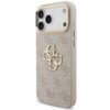 Etui na telefon w kolorze różowym z wzorem 4G i dużym logo GUESS w kolorze złotym, posiada metalowe przyciski i wycięcia na aparat. Na dole widoczny jest napis "GUESS".