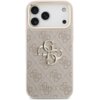 Etui na telefon w kolorze różowym z wzorem 4G i metalowym logo GUESS na środku. Na dole widoczny jest napis "GUESS".