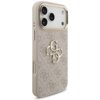 Etui na telefon w kolorze różowym z teksturą i wzorem 4G, posiada metalowe logo GUESS oraz złote wykończenia wokół aparatu. Na dole widoczny jest napis "GUESS".