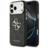 Czarno-złote etui na telefon z widocznym logo "GUESS" oraz dużym wzorem "4G" na tylnej części. Etui jest dopasowane do modelu Apple iPhone 17 Pro Max, z wycięciami na aparat i przyciski.