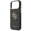 Czarno-złote etui na telefon z dużym otworem na aparat, ozdobione wzorem 4G i metalicznym logo "GUESS" na dole. Boki etui mają dwa jasne przyciski.