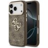 Brązowo-złote etui na telefon z widocznym wzorem 4G i dużym logo "GUESS" na dole. Etui jest dopasowane do modelu Apple iPhone 17 Pro, z wycięciami na aparat i przyciski.
