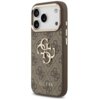 Brązowo-złote etui na telefon z wzorem 4G i dużym logo w centralnej części, z widocznym napisem "GUESS" na dole. Etui posiada wycięcia na aparat i przyciski boczne.