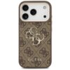 Brązowo-złote etui na telefon z wzorem 4G i dużym logo "GUESS" na dole. Etui ma elegancki design z wyraźnym, powtarzającym się motywem.