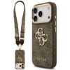 Brązowe etui do telefonu z wzorem 4G i dużym logo, z metalowymi przyciskami oraz paskiem, na którym widnieje napis "GUESS". Etui jest przeznaczone do modelu Apple iPhone 17 Pro.