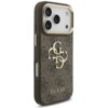 Brązowe etui na telefon z wzorem 4G i metalowym logo GUESS, przeznaczone do Apple iPhone 17 Pro, z widocznymi przyciskami bocznymi i wycięciami na aparat. Na dole etui znajduje się napis "GUESS".