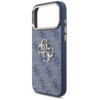 Niebiesko-złote etui na telefon z widocznym wzorem 4G i dużym logo GUESS na środku. Etui posiada metaliczne wykończenie wokół otworu na aparat oraz przyciski boczne.