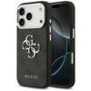 Czarno-srebrne etui na telefon z widocznym logo "GUESS" oraz dużym, ozdobnym wzorem "4G" na tylnej części. Etui jest dopasowane do modelu Apple iPhone 17 Pro, z wycięciami na aparat i przyciski.
