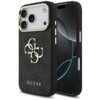 Czarno-złote etui na telefon z widocznym logo "GUESS" oraz ozdobnym wzorem z literami "G" i "U" na tylnej części. Etui jest dopasowane do modelu telefonu z trzema obiektywami aparatu.