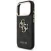 Czarno-złote etui na telefon z dużym, ozdobnym logo składającym się z liter "G" i "U" oraz napisem "GUESS" na dole. Etui ma metaliczne wykończenie wokół otworu na aparat i boczne przyciski.