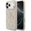 Różowo-złote etui na telefon z wzorem 4G i dużym logo GUESS, przeznaczone do modelu Apple iPhone 17 Pro Max. Etui ma wycięcia na aparat i przyciski, a na powierzchni widoczny jest wzór z literami "4G".