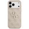 Różowo-złote etui na telefon z wyraźnym wzorem 4G i dużym, metalicznym logo na środku. Na dole widoczny jest napis "GUESS".